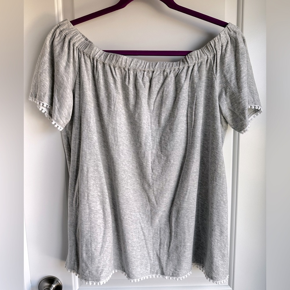 Vince Camuto Off the Shoulder Pom lined Cotton Short Sleeve Top